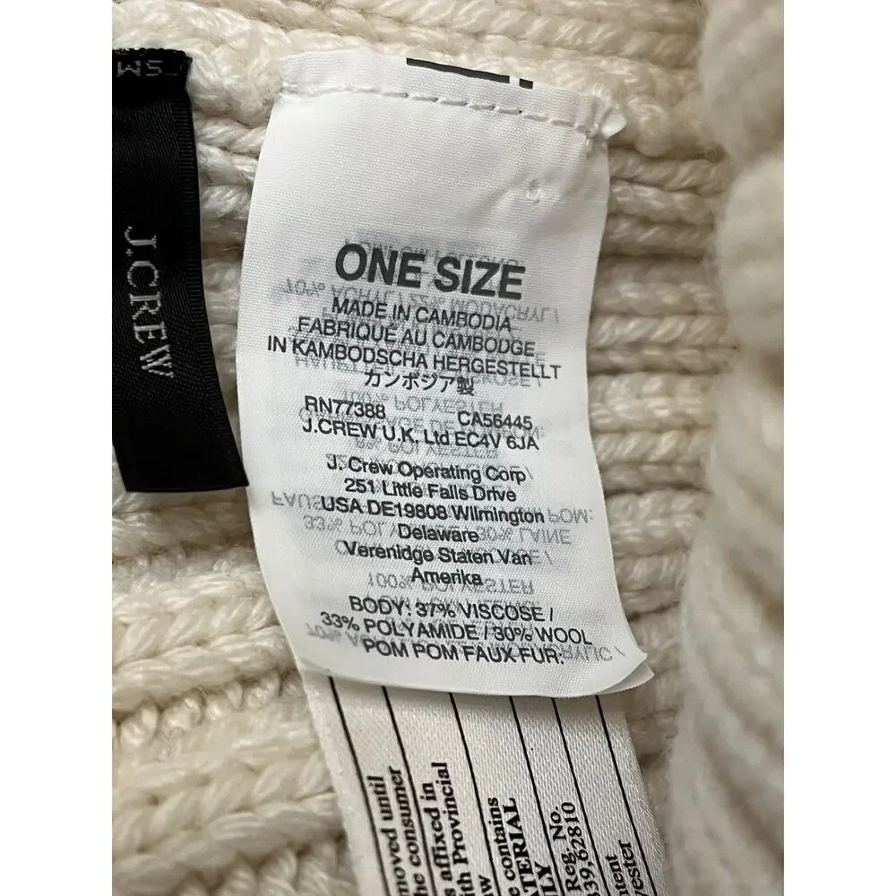 J CREW Hat Womens OS Ribbed Cuffed Pom-Pom Beanie NWOT Knit Cotton Ivory